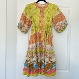 A Loves A Girls (L) Border Print Balloon Sleeve Button Up Tie Waist Maxi Dress